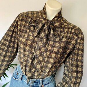 v i n t a g e :: Geometric High Neck Tie Satin Blouse